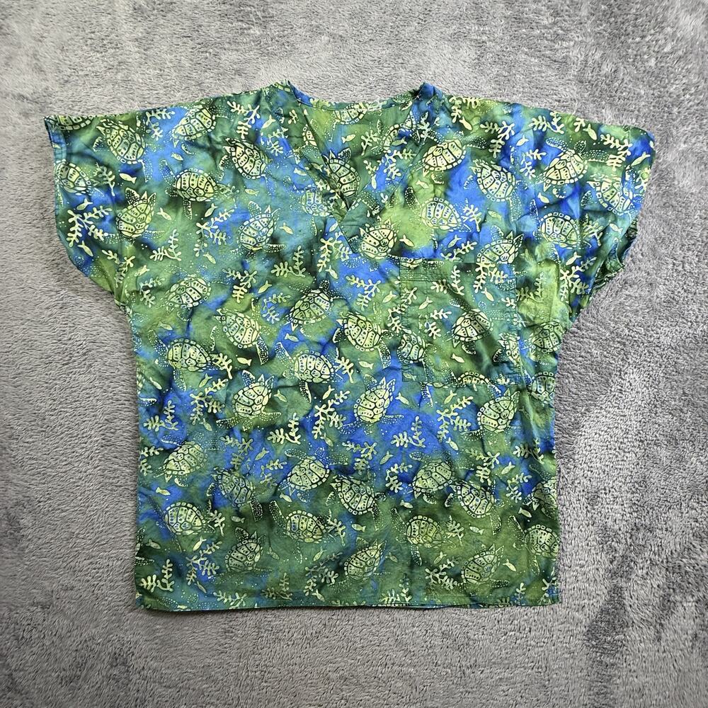 SCRUBS Womens XL Sea Turtle Print Scrub Top V-Neck Short Sleeve Blue Green